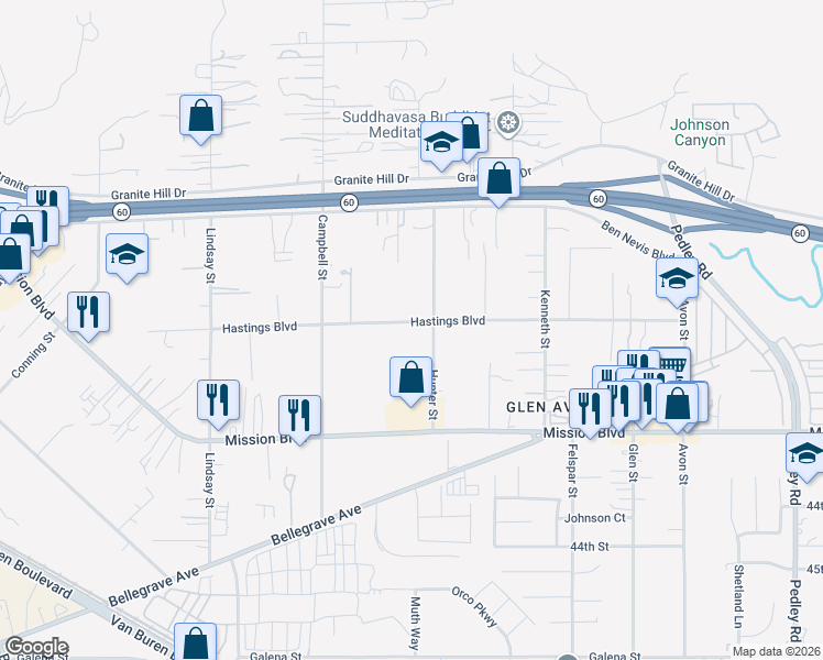 map of restaurants, bars, coffee shops, grocery stores, and more near 9440 Hastings Boulevard in Riverside