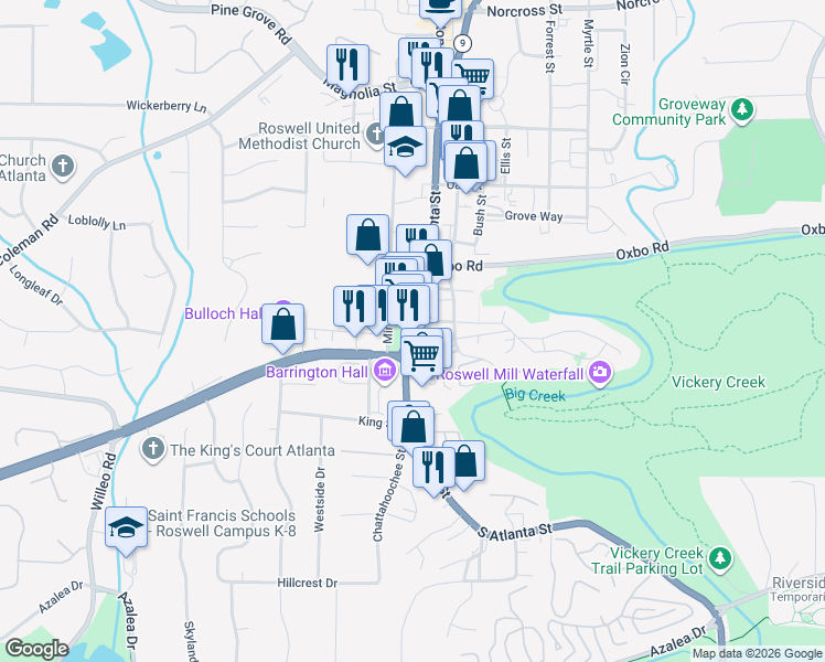 map of restaurants, bars, coffee shops, grocery stores, and more near 43 Sloan Street in Roswell