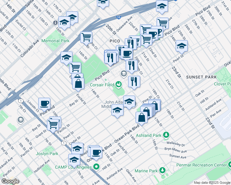 map of restaurants, bars, coffee shops, grocery stores, and more near 1900 Pico Boulevard in Santa Monica