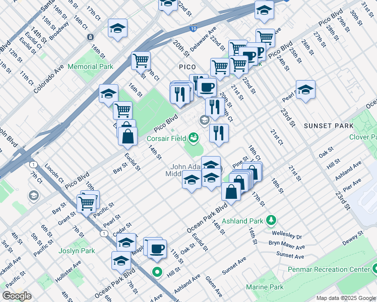 map of restaurants, bars, coffee shops, grocery stores, and more near 1900 Pico Boulevard in Santa Monica