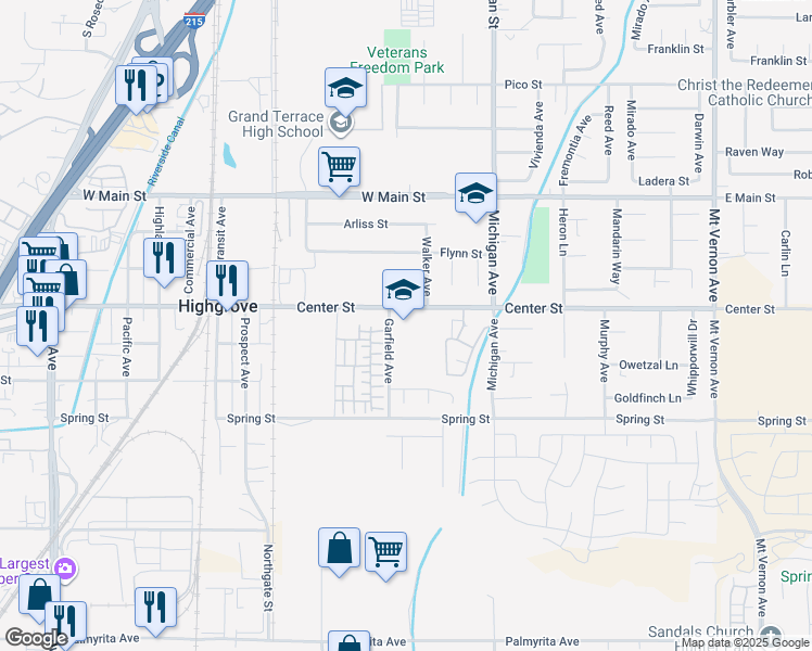 map of restaurants, bars, coffee shops, grocery stores, and more near 690 Center Street in Riverside