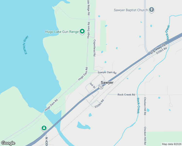 map of restaurants, bars, coffee shops, grocery stores, and more near Sawyer Dam Road in Hugo