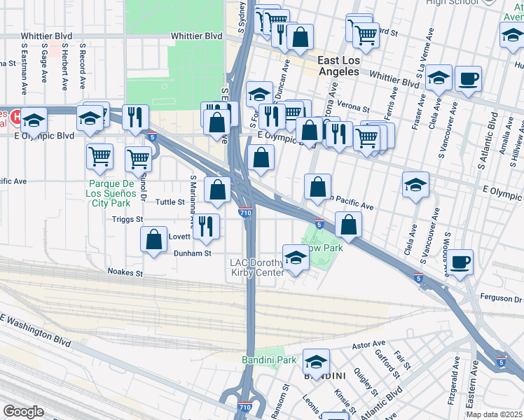 map of restaurants, bars, coffee shops, grocery stores, and more near 1354 South Duncan Avenue in Commerce