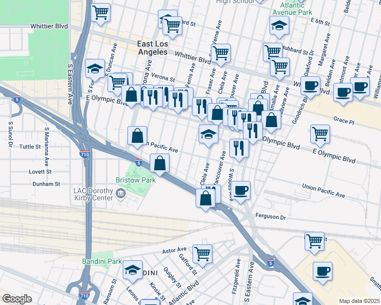 map of restaurants, bars, coffee shops, grocery stores, and more near 1268 South La Verne Avenue in East Los Angeles
