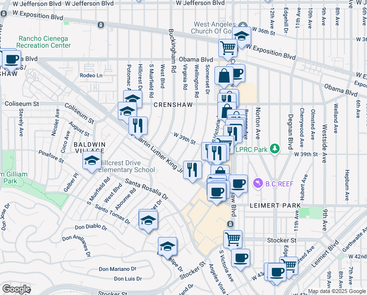 map of restaurants, bars, coffee shops, grocery stores, and more near 3906 Virginia Road in Los Angeles