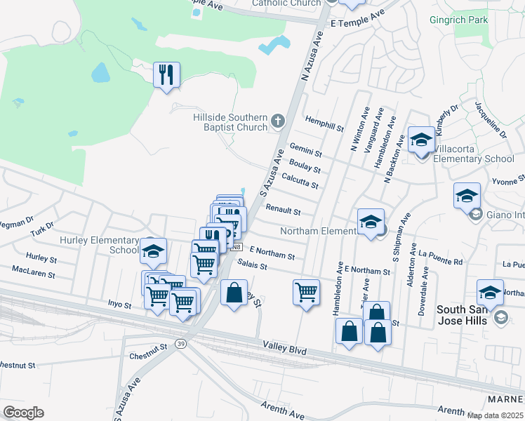 map of restaurants, bars, coffee shops, grocery stores, and more near 17406 Renault Street in La Puente