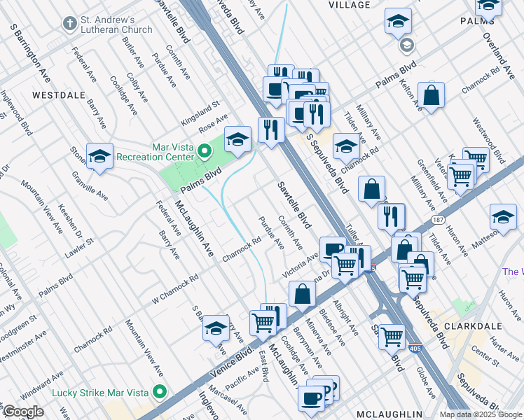 map of restaurants, bars, coffee shops, grocery stores, and more near 3516 Purdue Avenue in Los Angeles