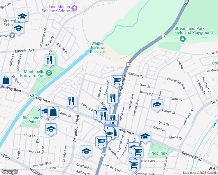 map of restaurants, bars, coffee shops, grocery stores, and more near 4116 Acacia Avenue in Pico Rivera