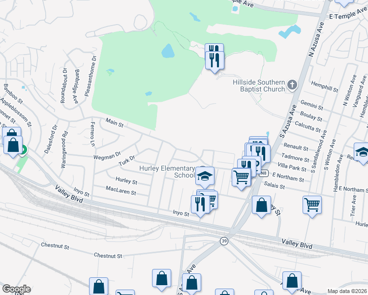 map of restaurants, bars, coffee shops, grocery stores, and more near 17049 Main Street in La Puente