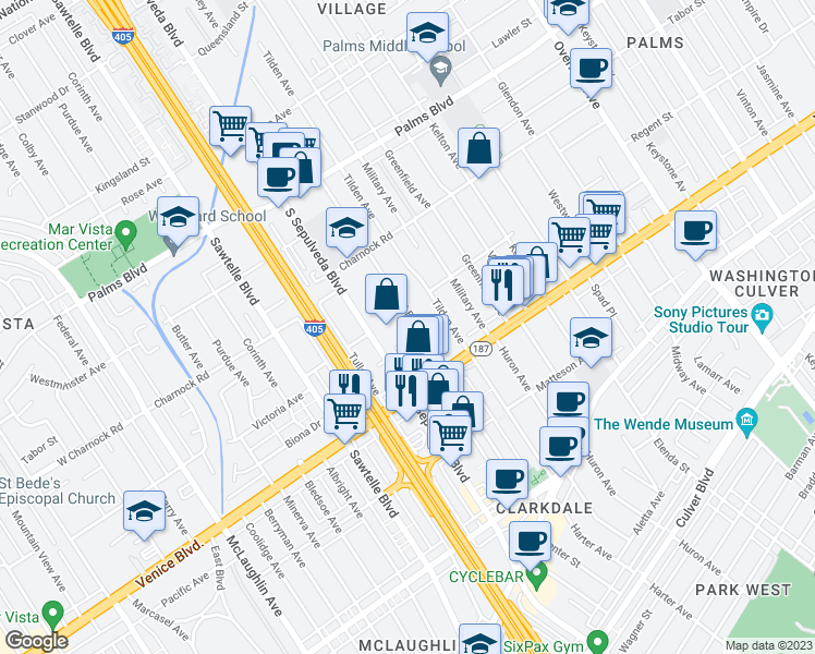 map of restaurants, bars, coffee shops, grocery stores, and more near 3721 South Bentley Avenue in Los Angeles