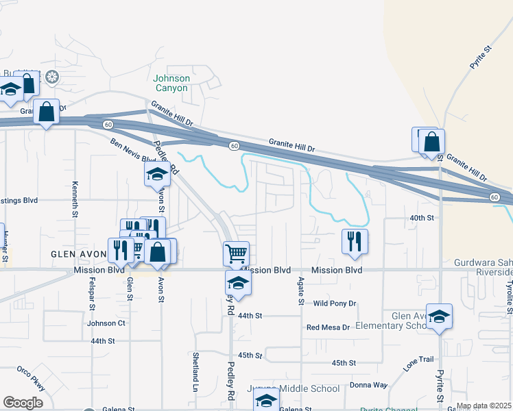 map of restaurants, bars, coffee shops, grocery stores, and more near Francine Avenue in Jurupa Valley