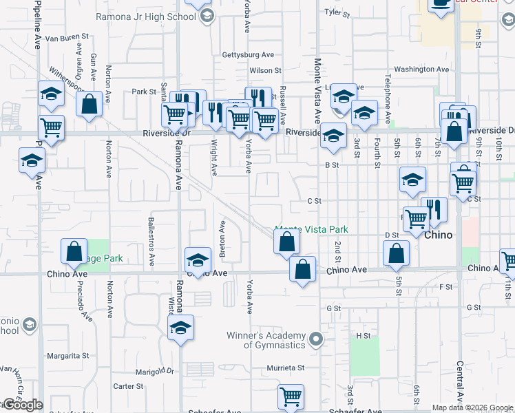 map of restaurants, bars, coffee shops, grocery stores, and more near 4719 Doheny Drive in Chino