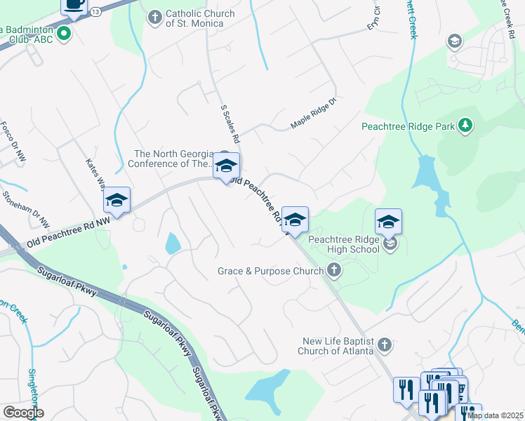map of restaurants, bars, coffee shops, grocery stores, and more near 1695 Old Peachtree Road Northwest in Suwanee