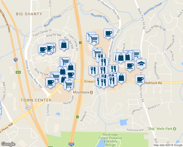 map of restaurants, bars, coffee shops, grocery stores, and more near 190 Roberts Trail in Marietta