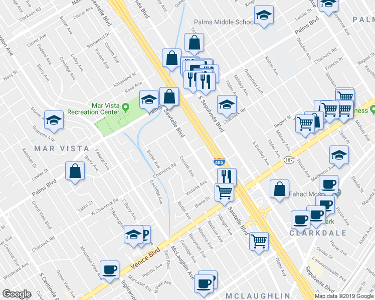 map of restaurants, bars, coffee shops, grocery stores, and more near 3559 Sawtelle Boulevard in Los Angeles