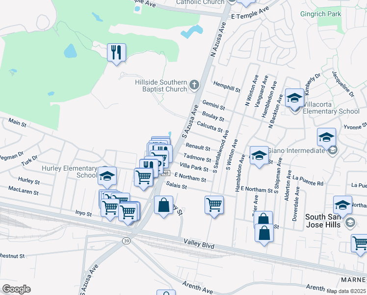 map of restaurants, bars, coffee shops, grocery stores, and more near 17406 Renault Street in La Puente