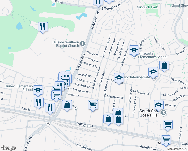 map of restaurants, bars, coffee shops, grocery stores, and more near 17537 Renault Street in La Puente
