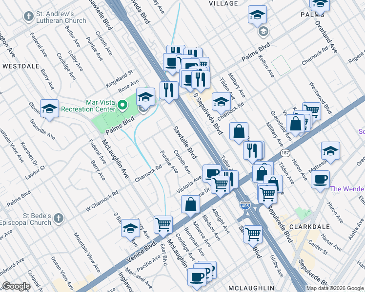 map of restaurants, bars, coffee shops, grocery stores, and more near 3559 Sawtelle Boulevard in Los Angeles