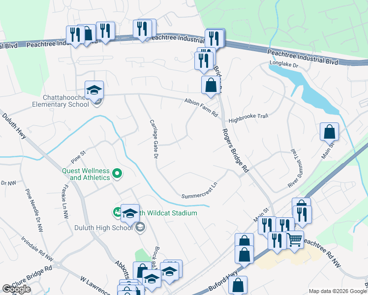 map of restaurants, bars, coffee shops, grocery stores, and more near 3839 Lamplighter Circle in Duluth