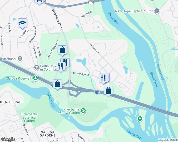 map of restaurants, bars, coffee shops, grocery stores, and more near 167 Stoneridge Drive in Columbia