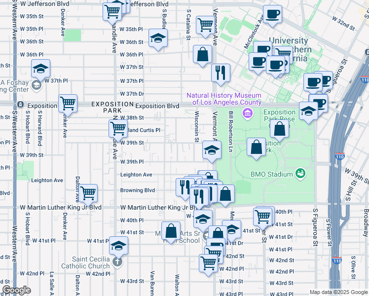 map of restaurants, bars, coffee shops, grocery stores, and more near 1088 West 39th Street in Los Angeles