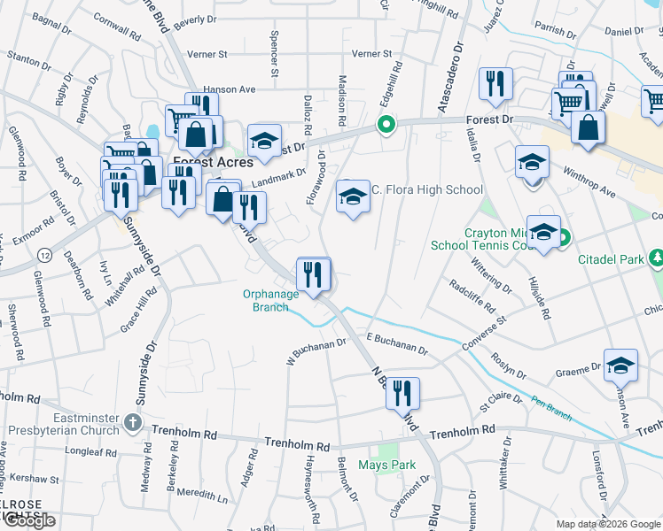 map of restaurants, bars, coffee shops, grocery stores, and more near Falcon Drive in Columbia