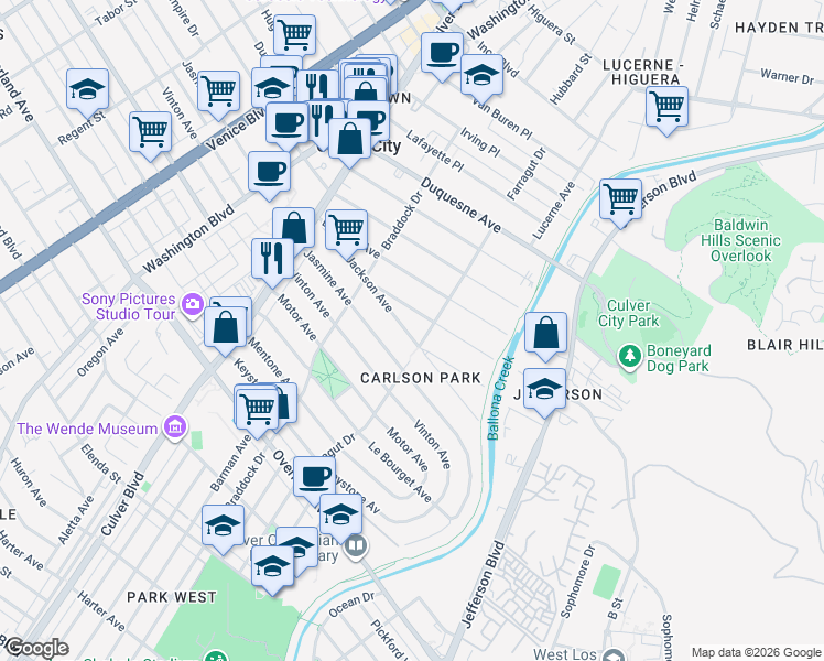 map of restaurants, bars, coffee shops, grocery stores, and more near 4184 Jackson Avenue in Culver City