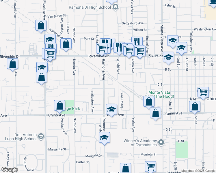 map of restaurants, bars, coffee shops, grocery stores, and more near 4524 Carmen Street in Chino