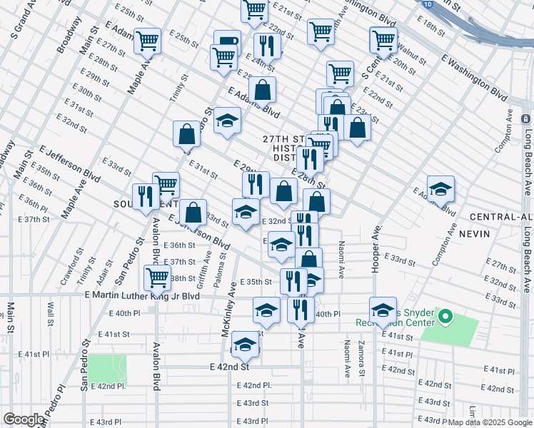 map of restaurants, bars, coffee shops, grocery stores, and more near 943 East 31st Street in Los Angeles