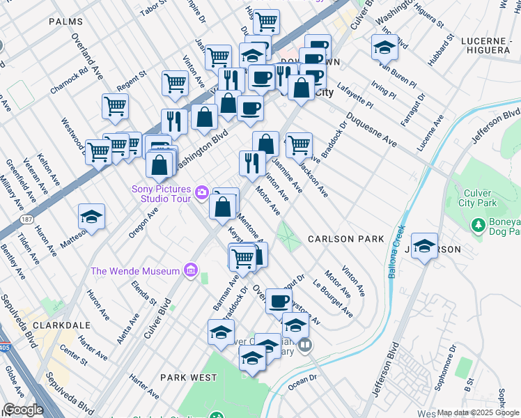 map of restaurants, bars, coffee shops, grocery stores, and more near 4140 Le Bourget Avenue in Culver City