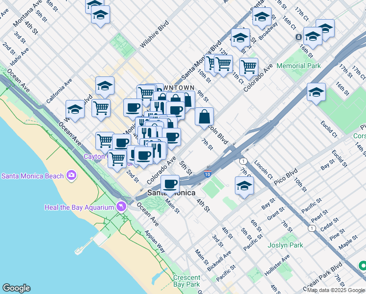 map of restaurants, bars, coffee shops, grocery stores, and more near 1540 6th Street in Santa Monica