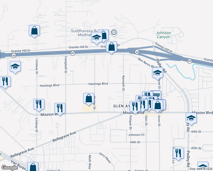 map of restaurants, bars, coffee shops, grocery stores, and more near 9342 Hastings Boulevard in Riverside
