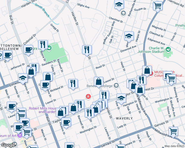 map of restaurants, bars, coffee shops, grocery stores, and more near 1901 Harden Street in Columbia