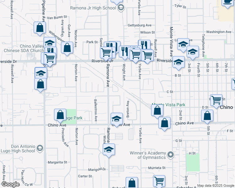 map of restaurants, bars, coffee shops, grocery stores, and more near 4556 Carmen Street in Chino