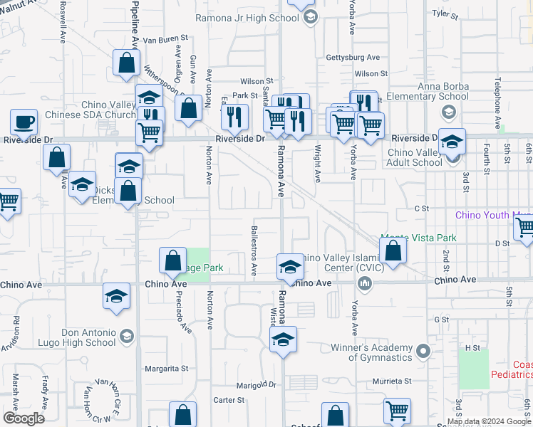map of restaurants, bars, coffee shops, grocery stores, and more near 4460 Carmen Street in Chino