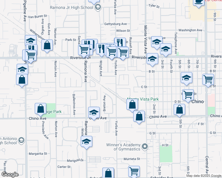 map of restaurants, bars, coffee shops, grocery stores, and more near 13106 Yorba Avenue in Chino