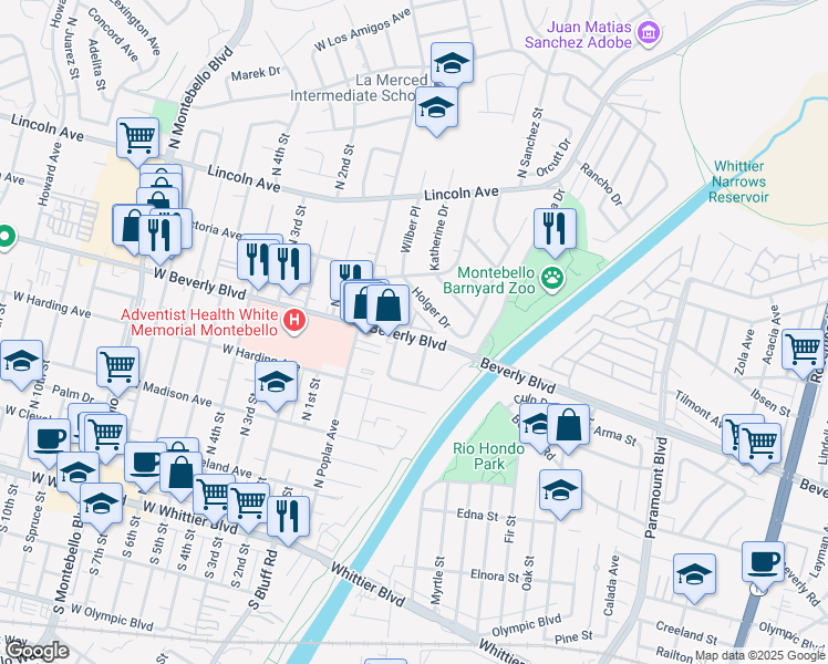 map of restaurants, bars, coffee shops, grocery stores, and more near 264 East Beverly Boulevard in Montebello