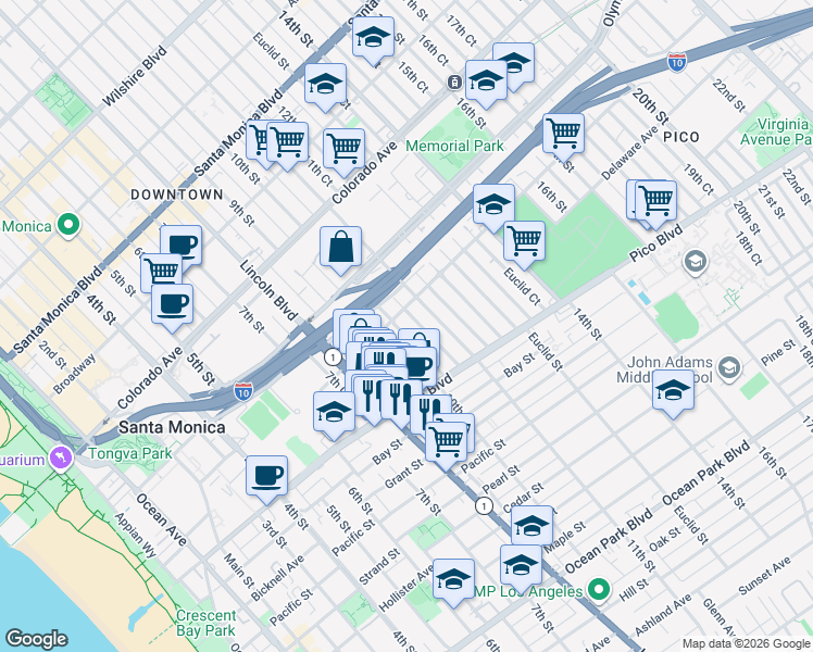 map of restaurants, bars, coffee shops, grocery stores, and more near 1815 10th Street in Santa Monica