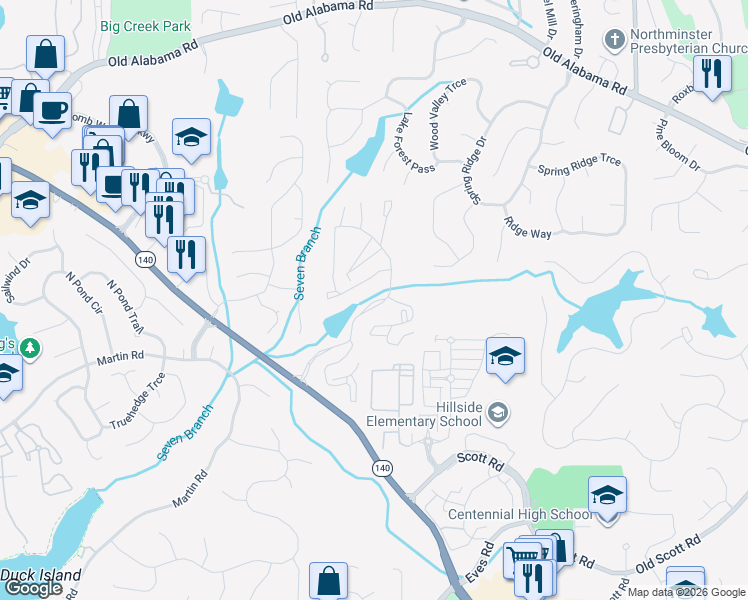 map of restaurants, bars, coffee shops, grocery stores, and more near 1105 Calibre Creek Parkway in Roswell