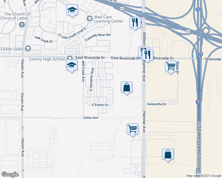map of restaurants, bars, coffee shops, grocery stores, and more near 4086 East Cottage Way in Ontario