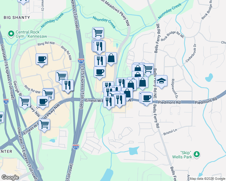 map of restaurants, bars, coffee shops, grocery stores, and more near Roberts Trail Northwest in Cobb County
