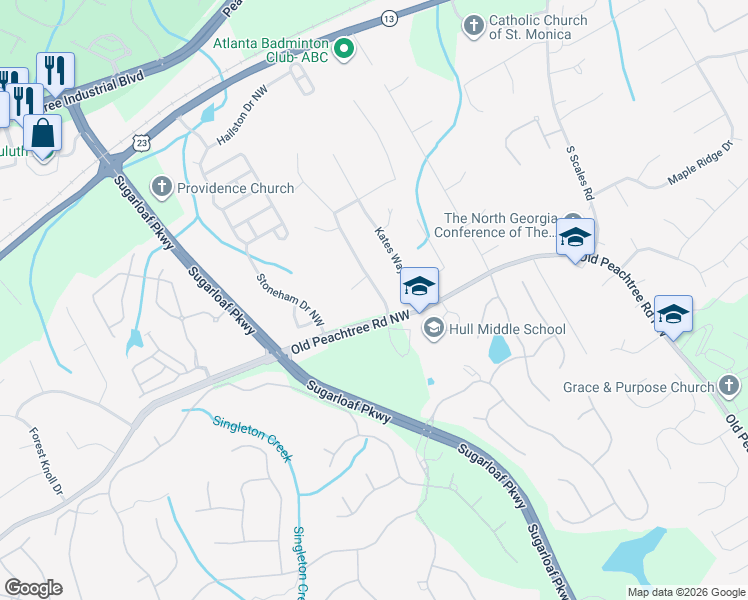 map of restaurants, bars, coffee shops, grocery stores, and more near 3348 Parsons Ridge Lane in Duluth