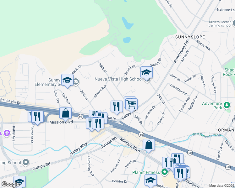 map of restaurants, bars, coffee shops, grocery stores, and more near 6924 36th Street in Riverside
