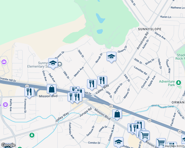 map of restaurants, bars, coffee shops, grocery stores, and more near 6916 36th Street in Riverside