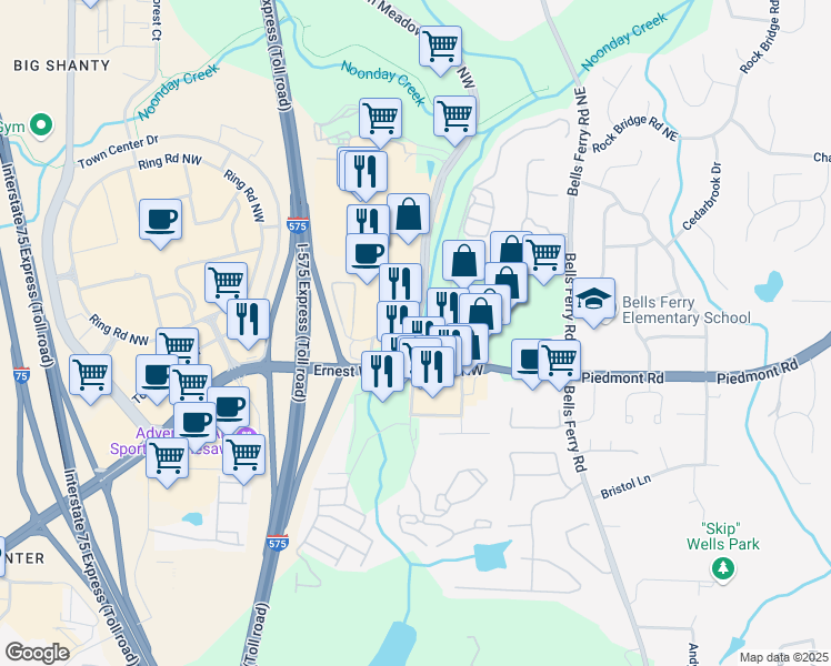 map of restaurants, bars, coffee shops, grocery stores, and more near Roberts Trail Northwest in Cobb County