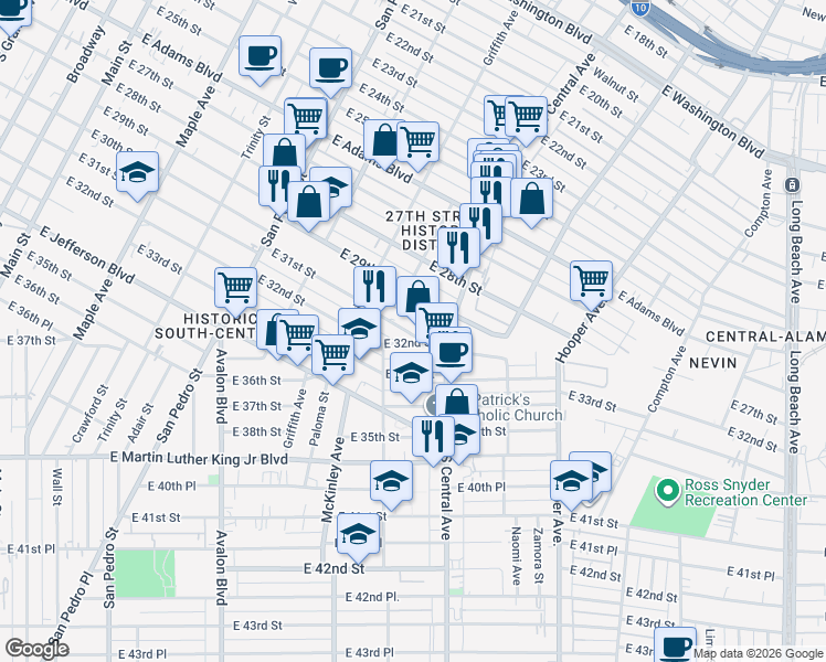 map of restaurants, bars, coffee shops, grocery stores, and more near 965 East 31st Street in Los Angeles