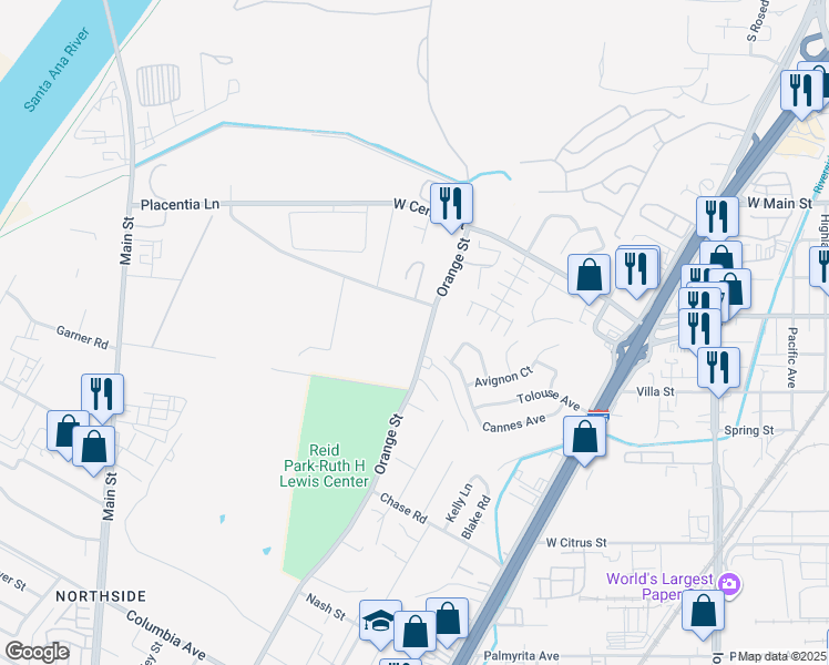 map of restaurants, bars, coffee shops, grocery stores, and more near 489 Orange Street in Riverside