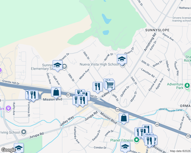 map of restaurants, bars, coffee shops, grocery stores, and more near 6924 36th Street in Riverside