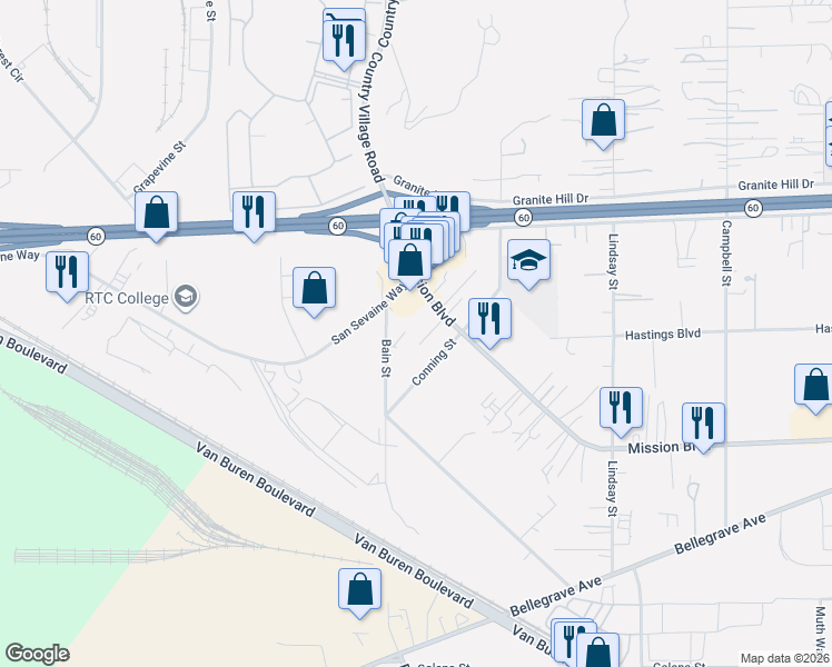 map of restaurants, bars, coffee shops, grocery stores, and more near 10052 Mission Boulevard in Riverside