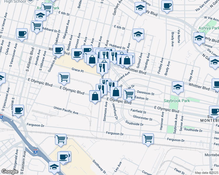 map of restaurants, bars, coffee shops, grocery stores, and more near 1016 Simmons Avenue in East Los Angeles